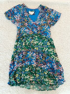 Anthropologie Robin Tiered Mini Dress Blue Green Floral S